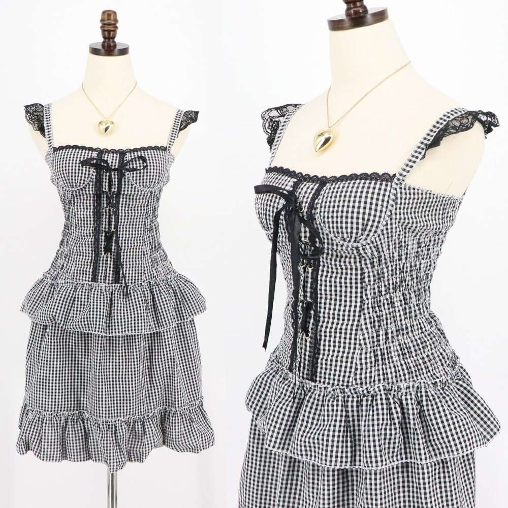 Vintage Betsey Johnson Gingham Plaid Milkmaid Lolita Lace-Up Ruffle Mini Dress
